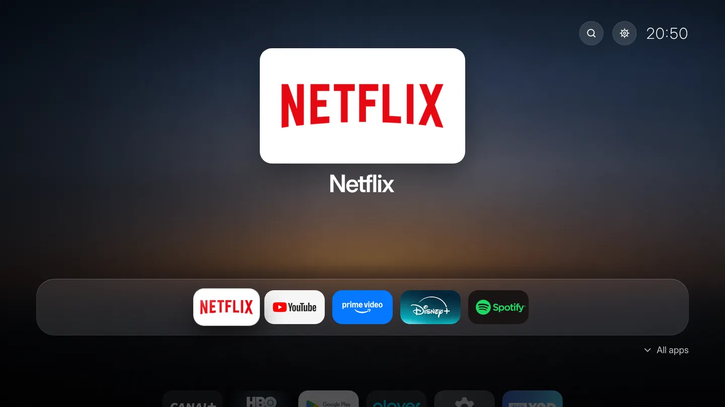 ReTV Home on a TV box: Netflix focused in a row of favourite apps (Netflix, YouTube, Prime Video, Disney+, Spotify)